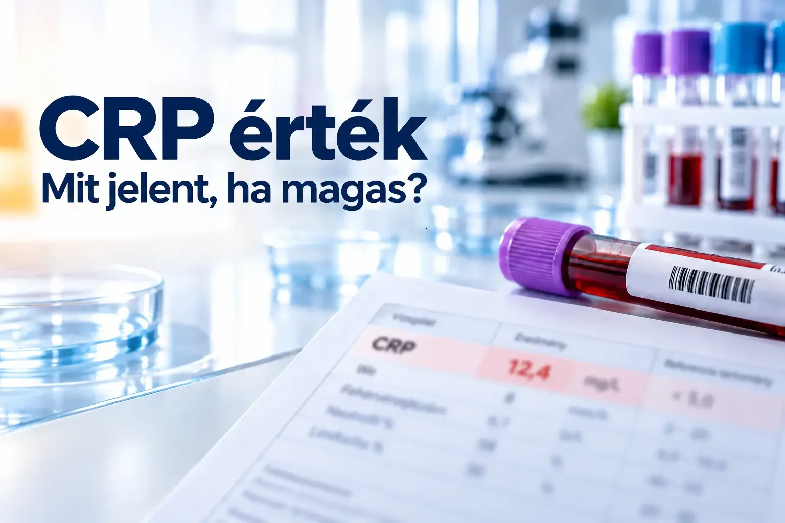 CRP-vizsgálati lelet és vérminta laboratóriumi környezetben, „CRP érték – Mit jelent, ha magas?” felirattal.