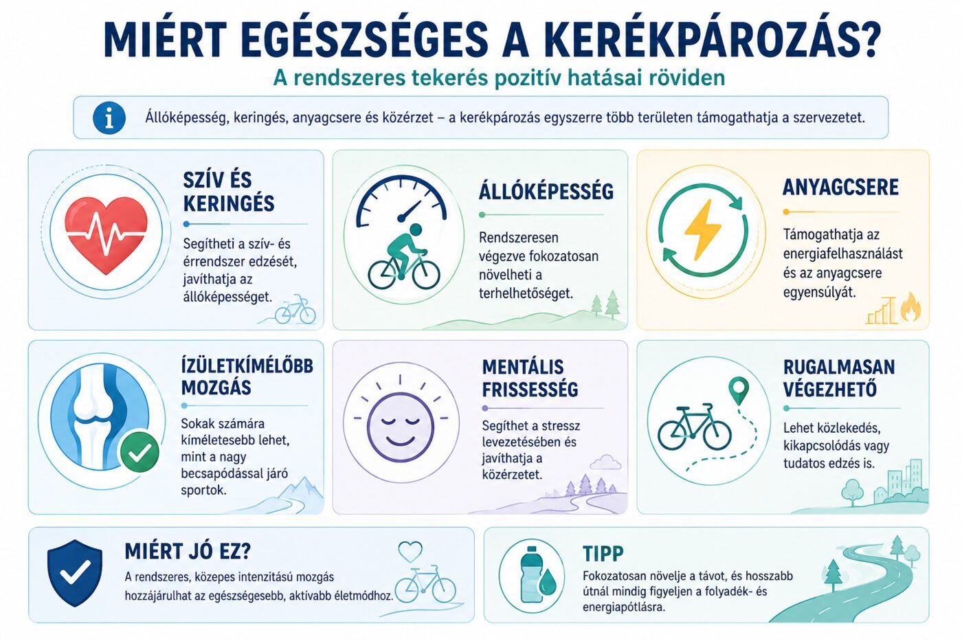 Infografika a kerékpározás kedvező hatásairól: szív és keringés, állóképesség, anyagcsere, ízületkímélő mozgás és mentális frissesség.