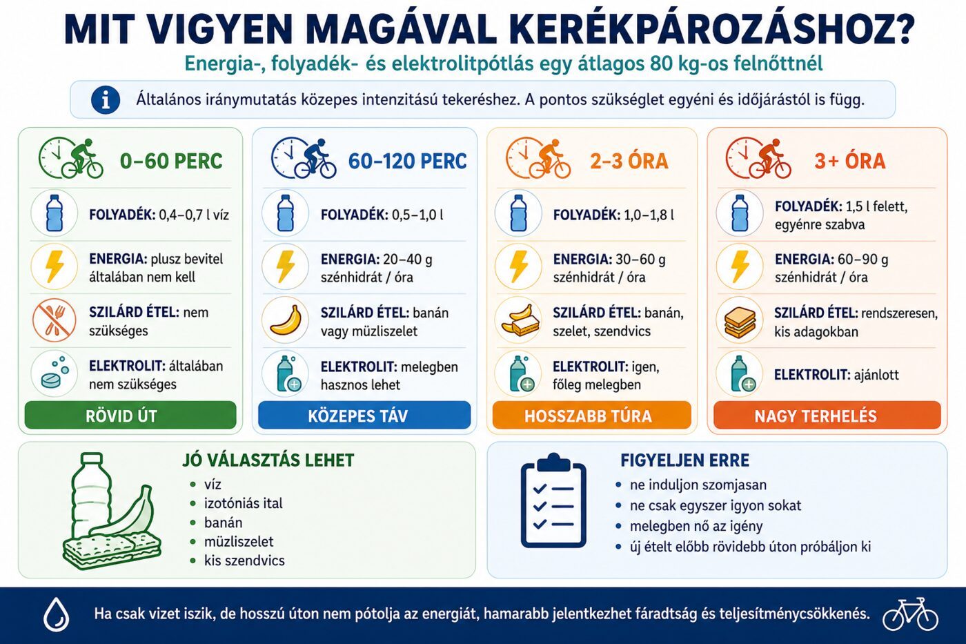 Infografika a kerékpározáshoz szükséges folyadék-, energia- és elektrolitpótlásról különböző időtartamú utakhoz.