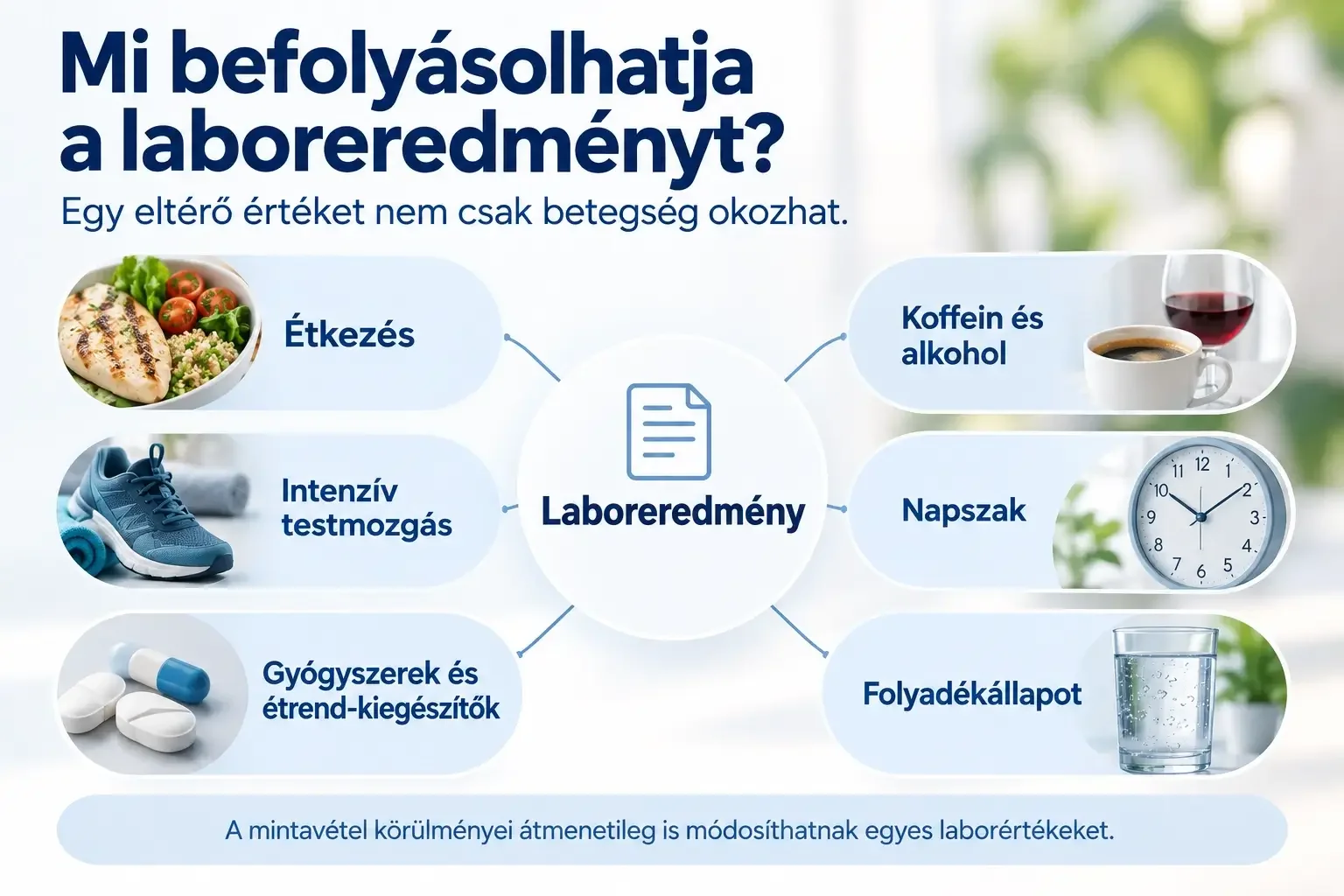 Infografika a laboreredményt befolyásoló tényezőkről: étkezés, intenzív testmozgás, gyógyszerek, koffein, alkohol, napszak és folyadékállapot.