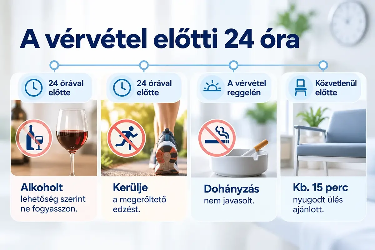Infografika a vérvétel előtti 24 óra teendőiről: alkohol, intenzív edzés, dohányzás és pihenés.
