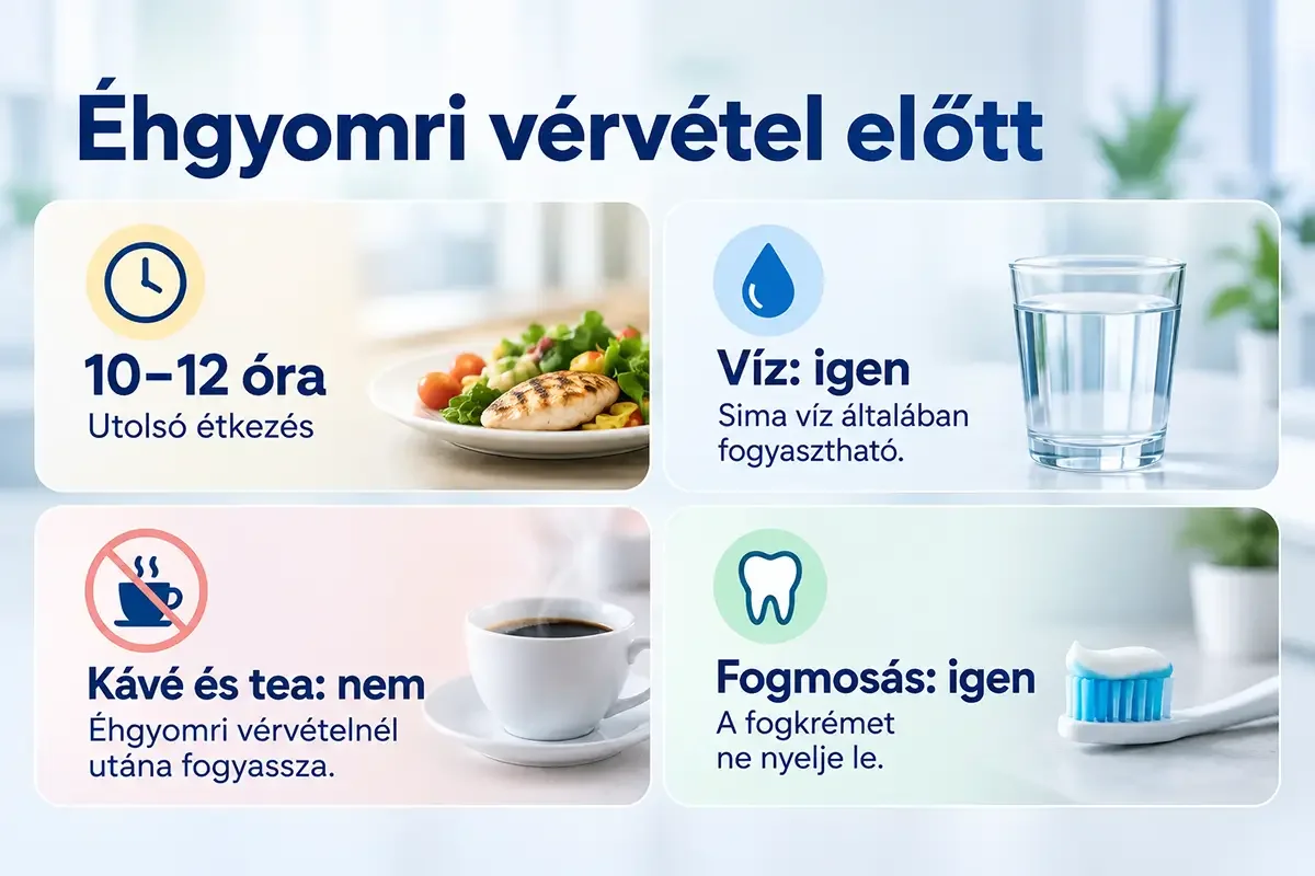 Infografika az éhgyomri vérvétel előtti felkészülésről: étkezés, víz, kávé, tea és fogmosás.