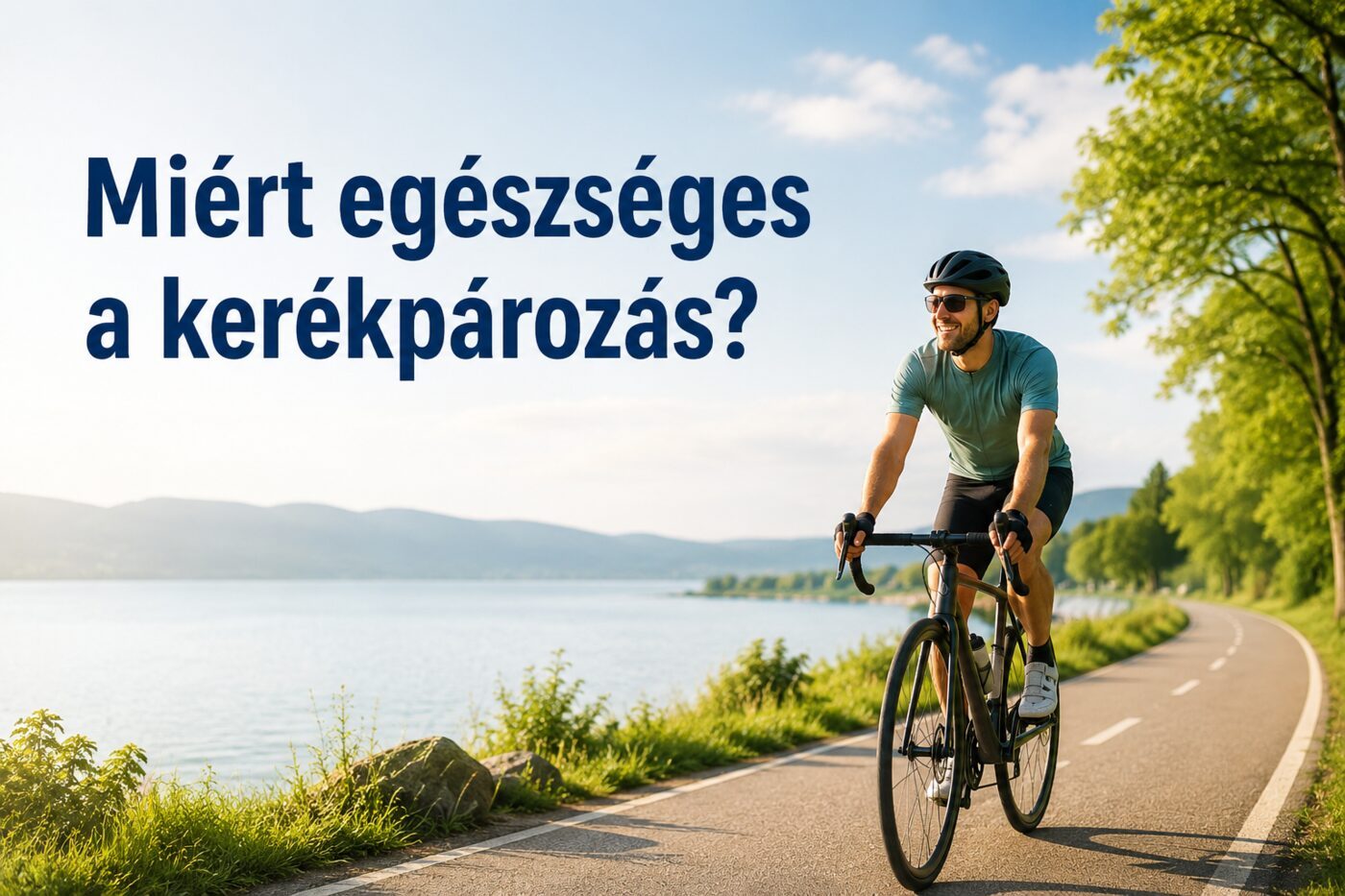 Kerékpáros férfi tóparti kerékpárúton, „Miért egészséges a kerékpározás?” felirattal.