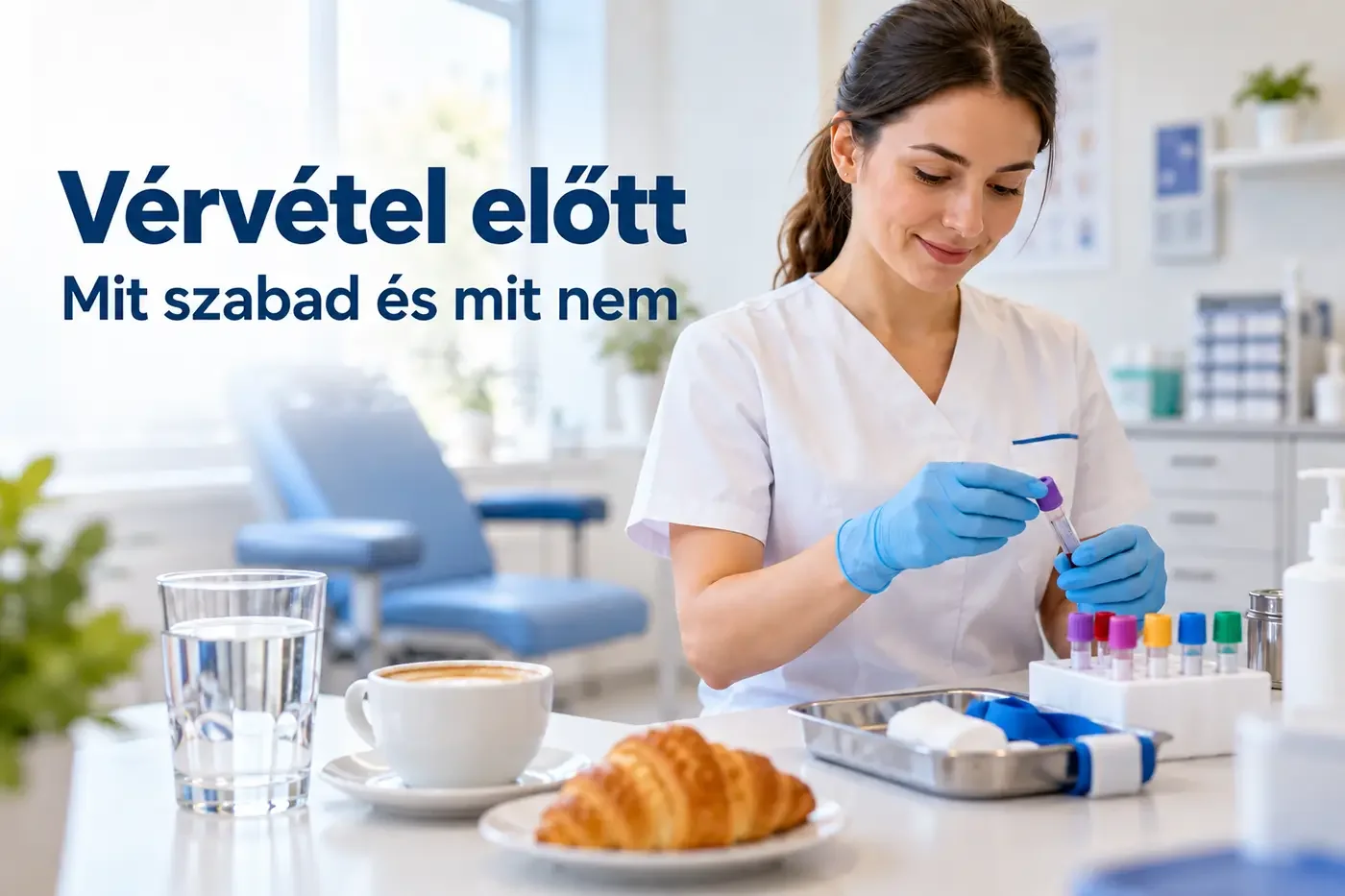 Laboratóriumi szakember mintacsövet tart; mellette víz, kávé és péksütemény, „Vérvétel előtt – Mit szabad és mit nem” felirattal.