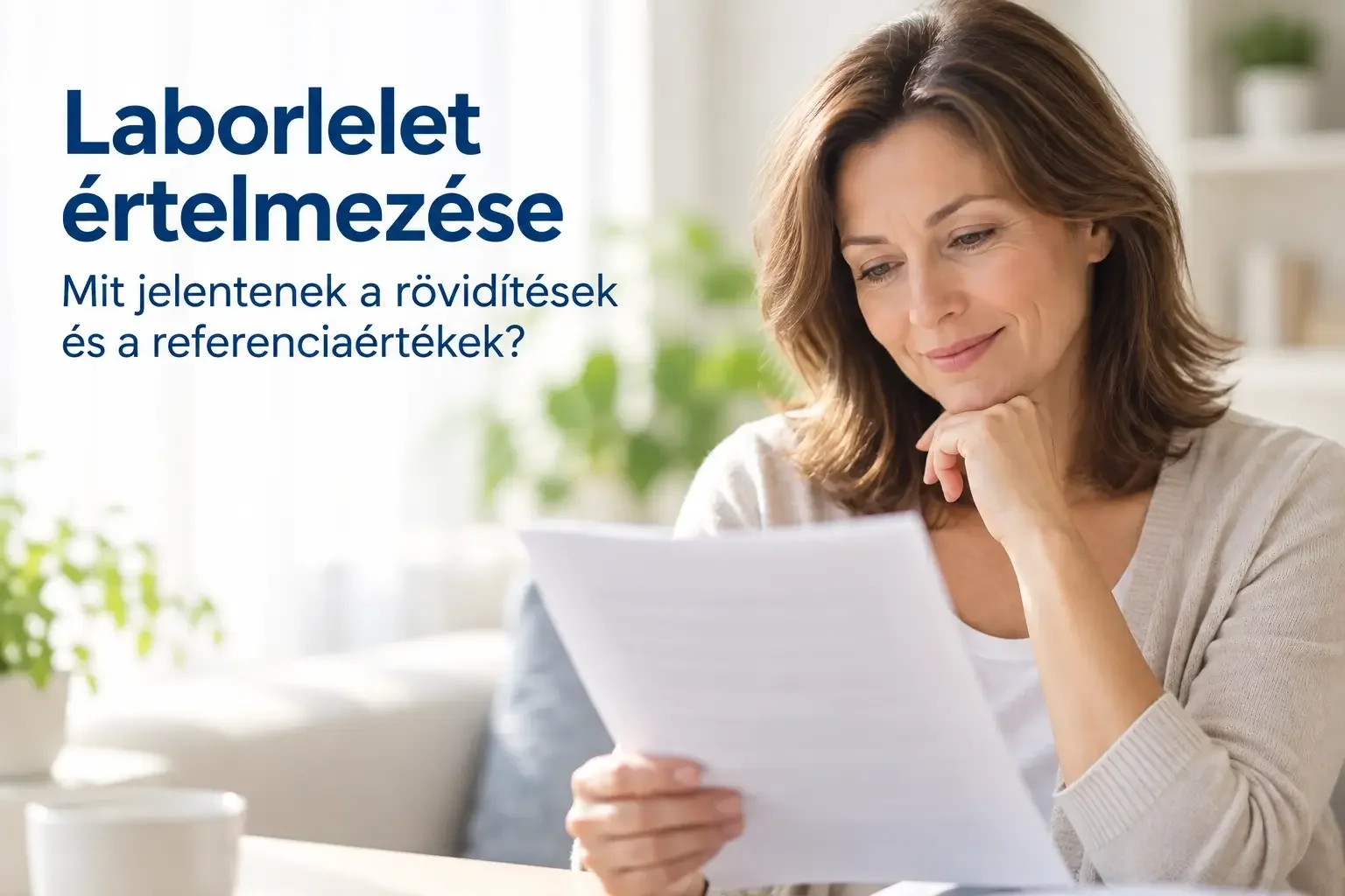 Nő laborleletet olvas, „Laborlelet értelmezése – mit jelentenek a rövidítések és a referenciaértékek?” felirattal.