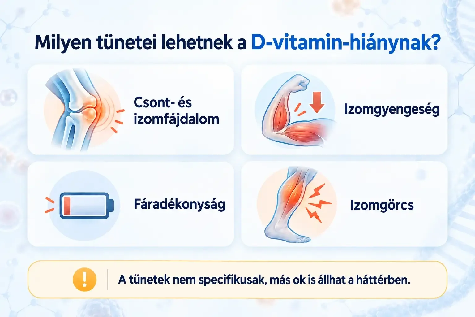 A D-vitamin-hiány lehetséges tünetei: csont- és izomfájdalom, izomgyengeség, fáradékonyság és izomgörcs