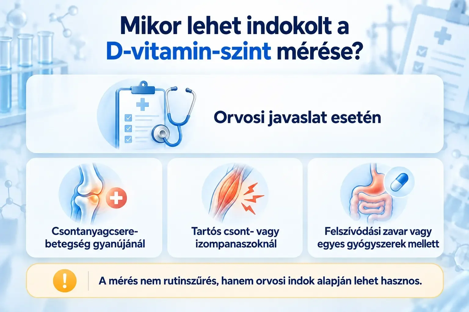 A D-vitamin-szint mérésének lehetséges indokai: orvosi javaslat, csont- vagy izompanasz és felszívódási zavar