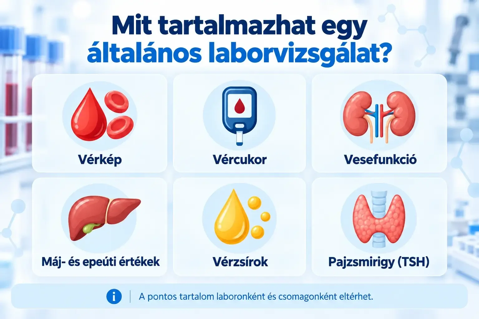 Az általános laborvizsgálat lehetséges elemei: vérkép, vércukor, vesefunkció, májértékek, vérzsírok és TSH