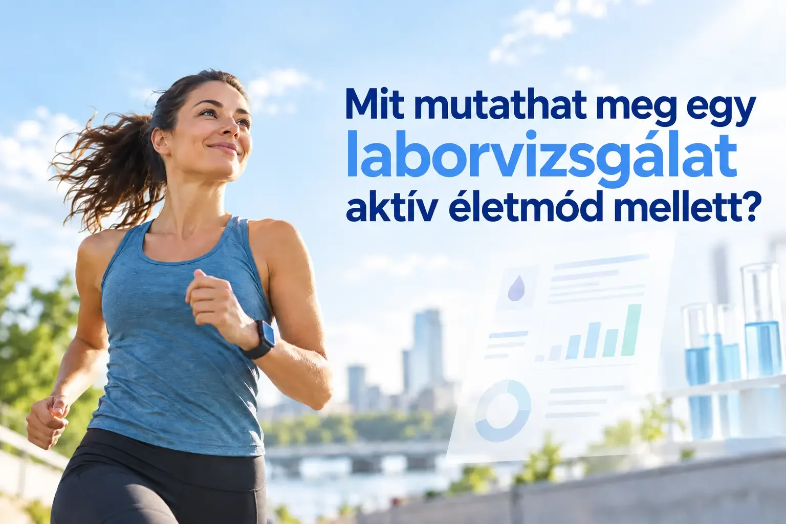 Futó nő és laboreredményeket jelképező grafika, „Mit mutathat meg egy laborvizsgálat aktív életmód mellett?” felirattal.