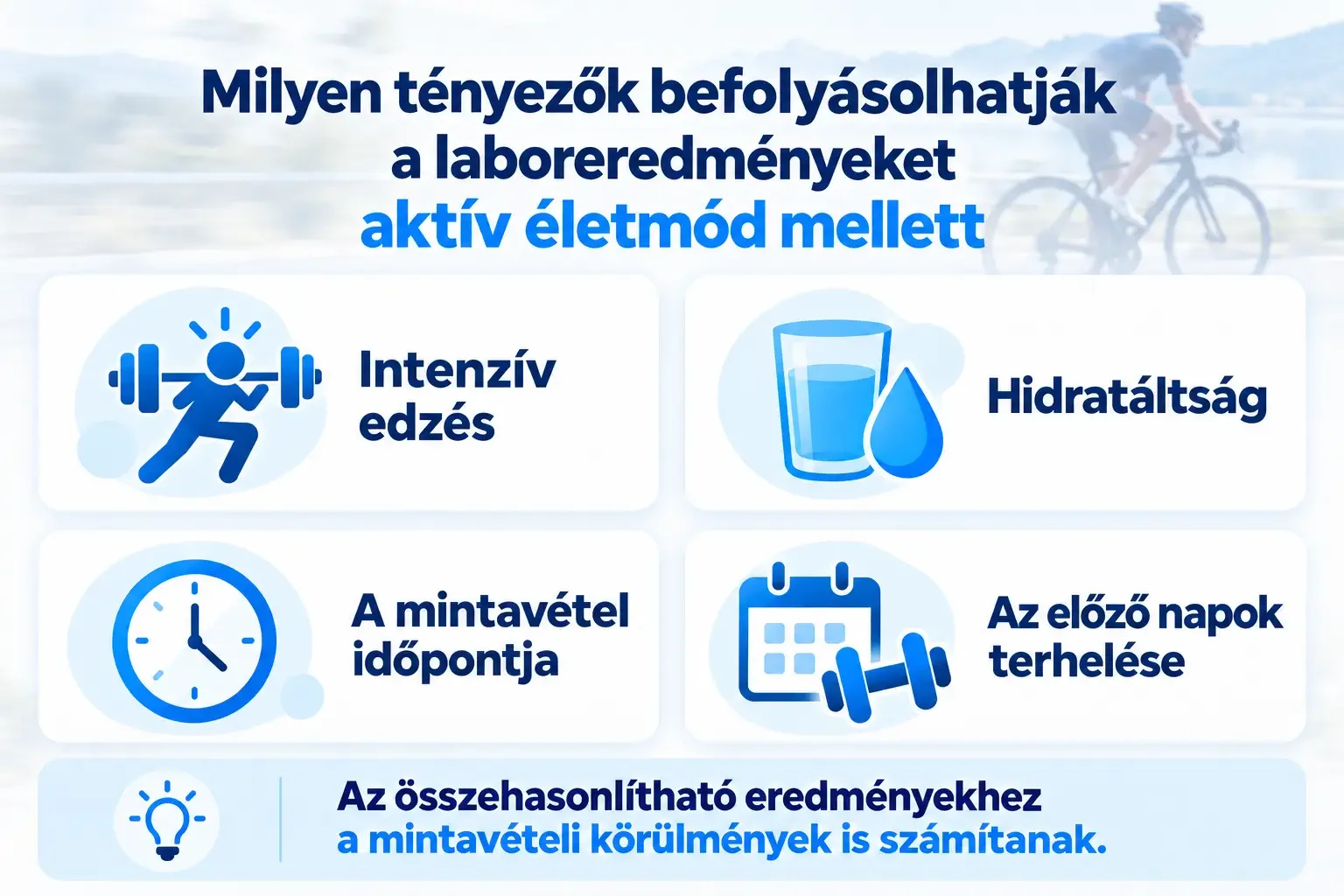Infografika az aktív életmód melletti laboreredményeket befolyásoló tényezőkről: intenzív edzés, hidratáltság, mintavételi időpont és korábbi terhelés.