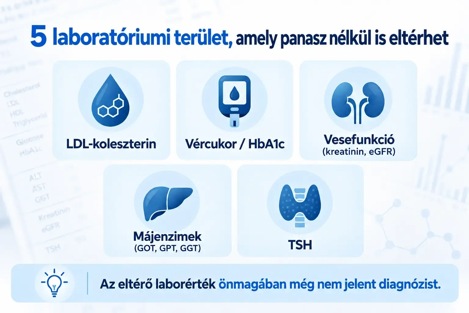 Öt laboratóriumi terület, amely panasz nélkül is eltérhet: LDL-koleszterin, vércukor, vesefunkció, májenzimek és TSH