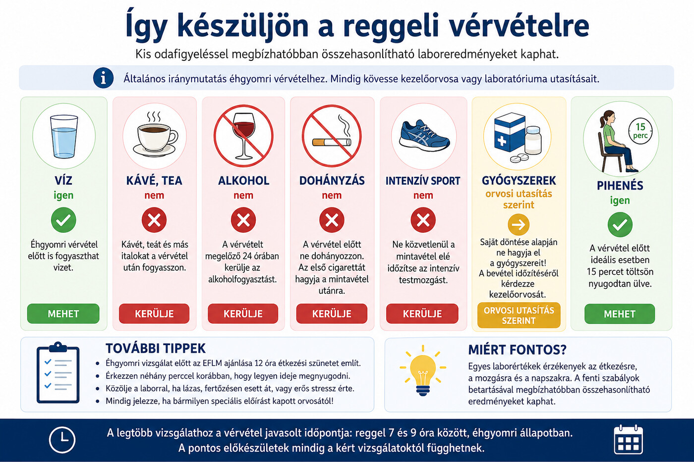 Felkészülési infografika: víz mehet; kávé, tea, alkohol, dohányzás és intenzív sport kerülendő; gyógyszerek orvosi utasítás szerint; a vérvétel előtt ideális esetben 15 perc pihenés.