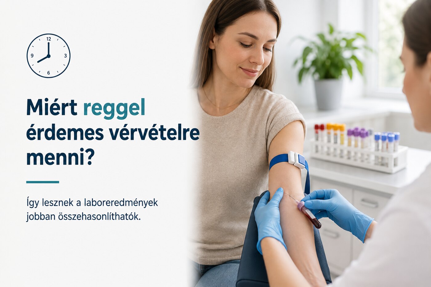Reggeli vérvétel: fiatal nő karjából vért vesznek, mellette színes vércsövek — a reggel levett minták jobban összehasonlíthatók.